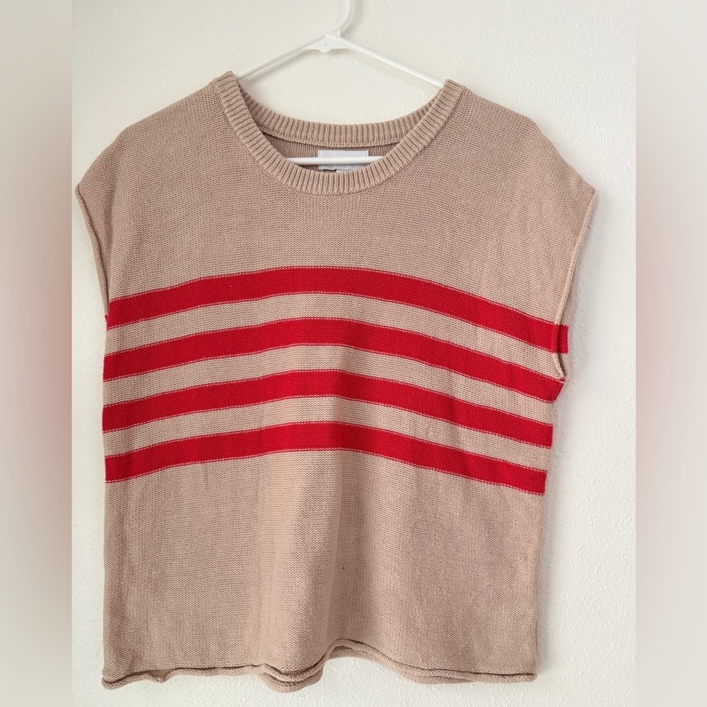 Evereve Jane Pullover Beige Red Cotton Knit Boxy Sweater Top Women’s Small